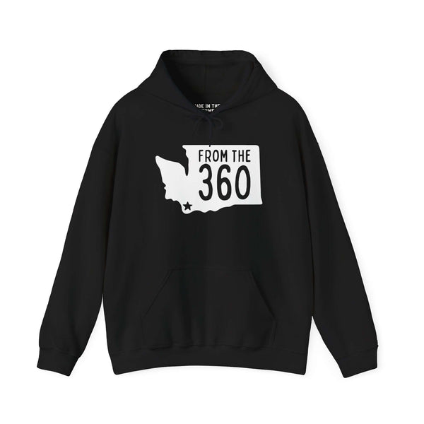 Black From the 360 hoodie with Washington state silhouette and Vancouver star marking, showcasing local pride.