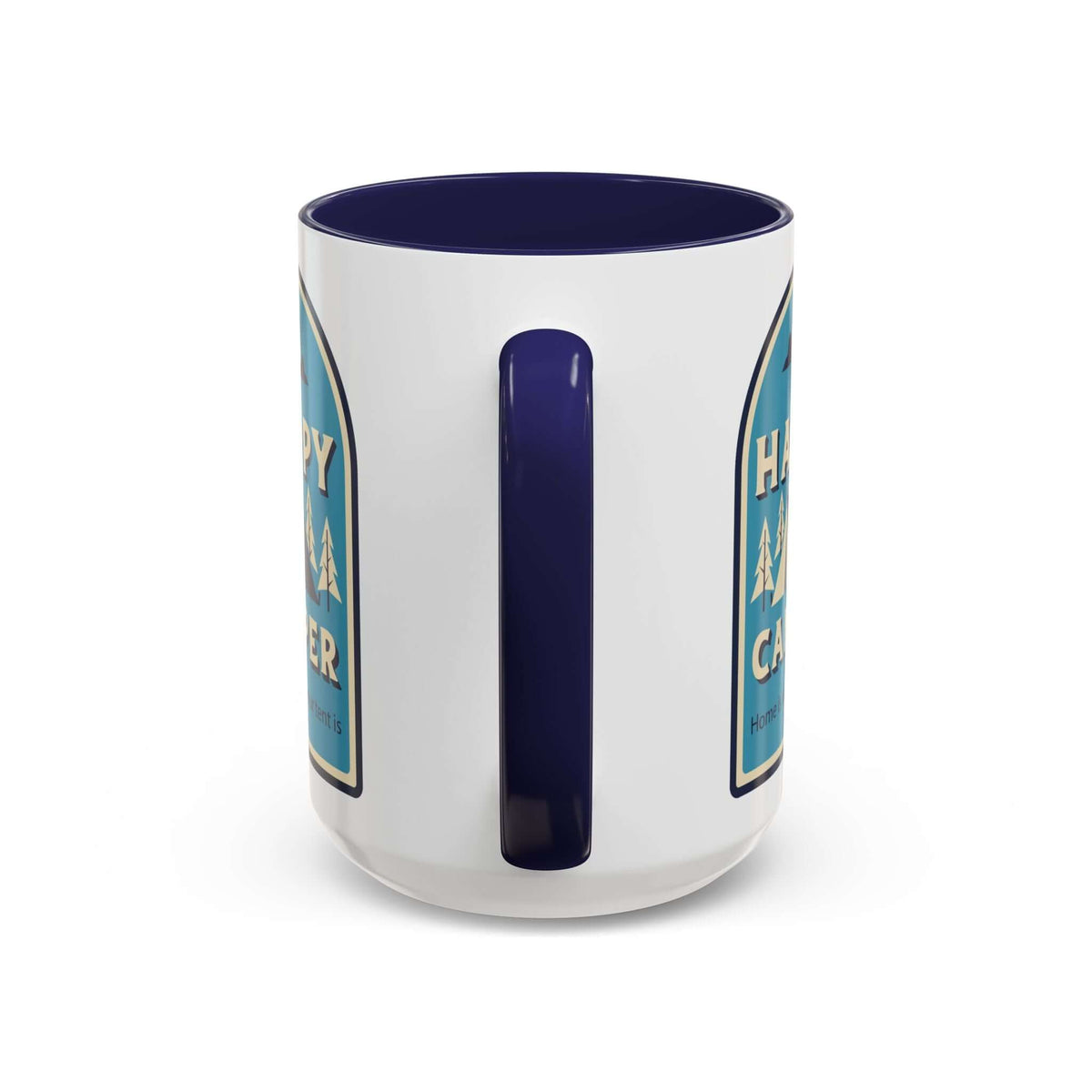 Happy Camper Mug featuring a cozy outdoor design with a navy handle and interior.