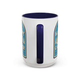Happy Camper Mug featuring a cozy outdoor design with a navy handle and interior.