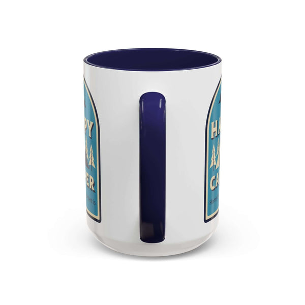Happy Camper Mug featuring a cozy outdoor design with a navy handle and interior.