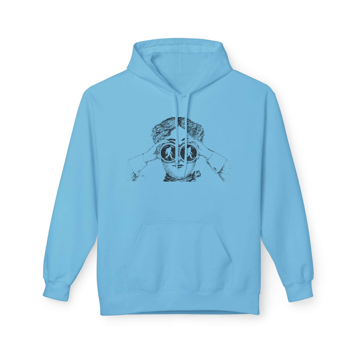 I spy Bigfoot hoodie in light blue featuring a vintage explorer illustration using binoculars.