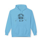 I spy Bigfoot hoodie in light blue featuring a vintage explorer illustration using binoculars.