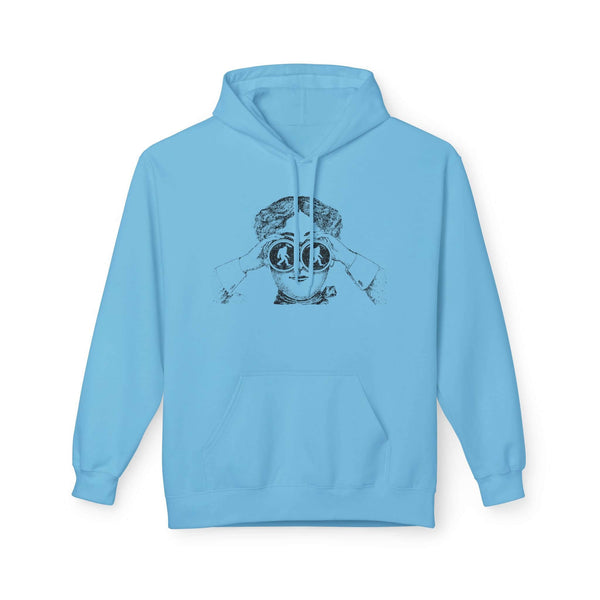 I spy Bigfoot hoodie in light blue featuring a vintage explorer illustration using binoculars.
