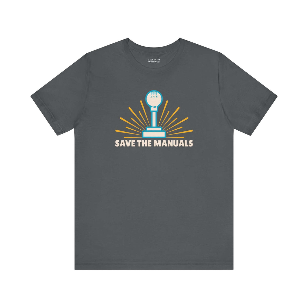 Save the Manuals T Shirt featuring a minimalist gearshift graphic on a gray background.