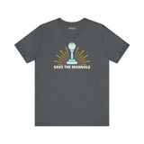 Save the Manuals T Shirt featuring a minimalist gearshift graphic on a gray background.