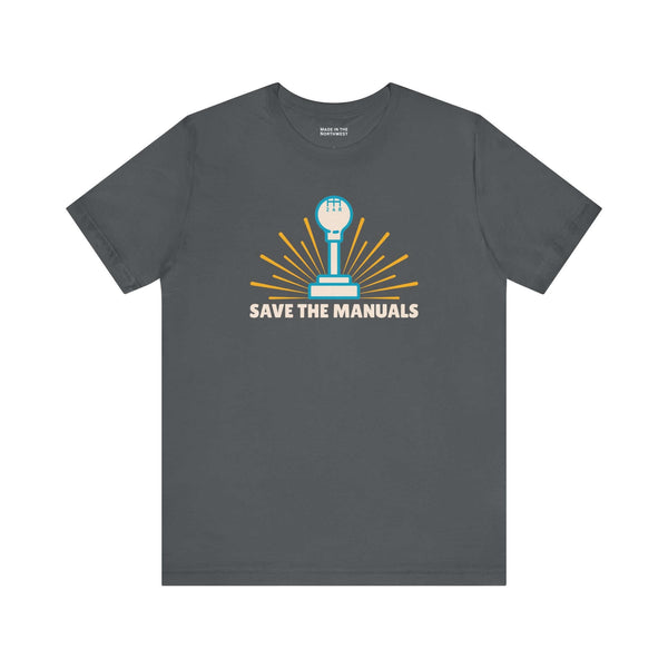 Save the Manuals T Shirt featuring a minimalist gearshift graphic on a gray background.
