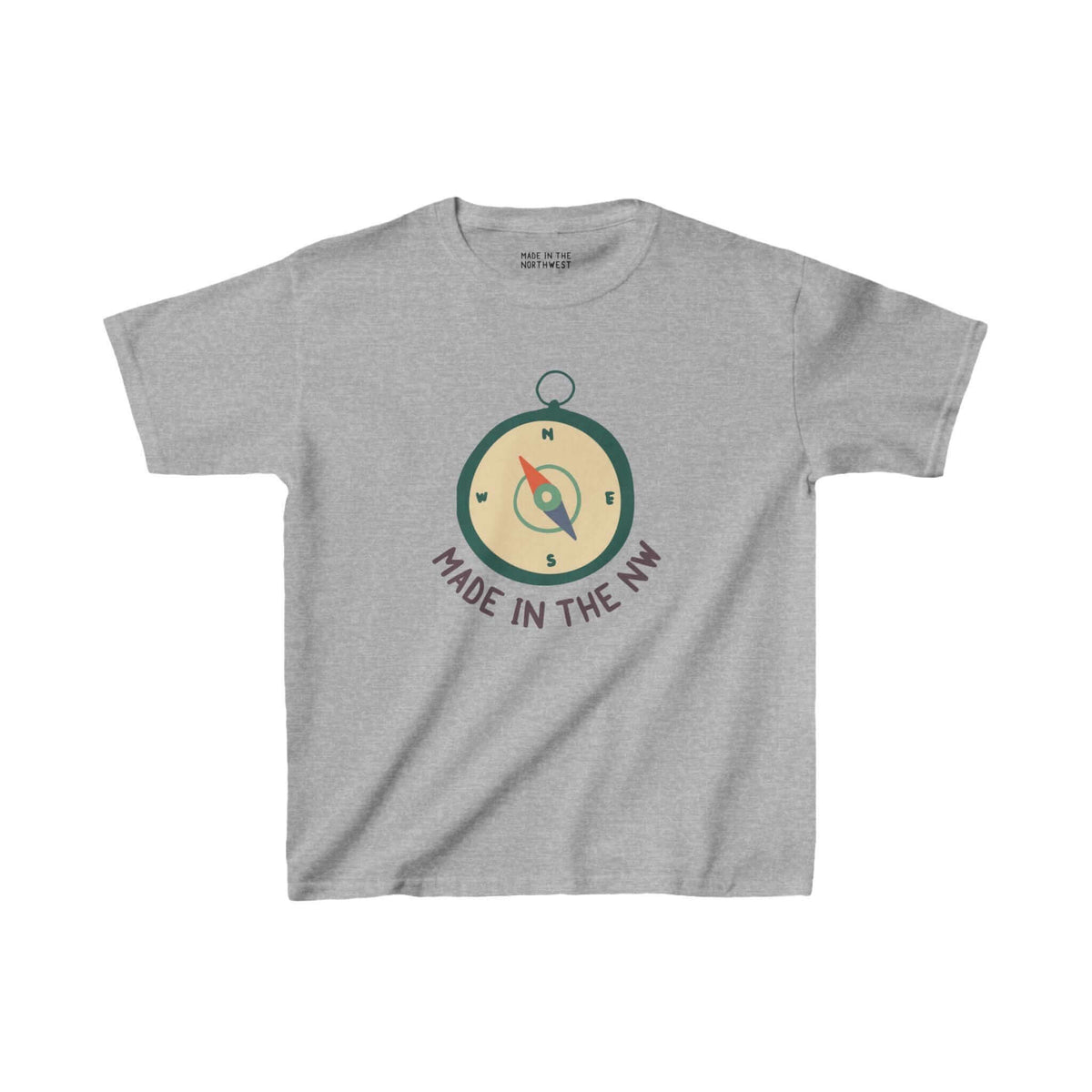 Gray kids' tee with compass design and 'Made in the NW' text, celebrating Pacific Northwest pride and adventure spirit.