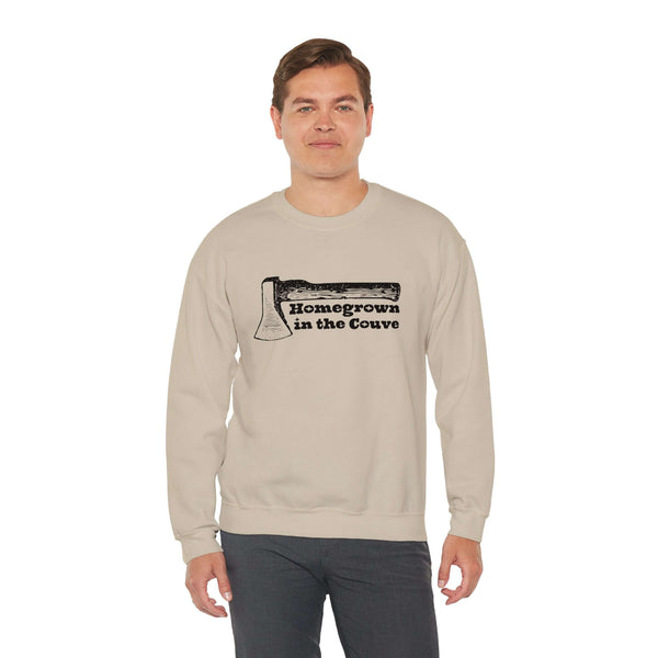 Man wearing "Homegrown in the Couve" sweatshirt with axe design, showcasing Vancouver pride and Pacific Northwest style.