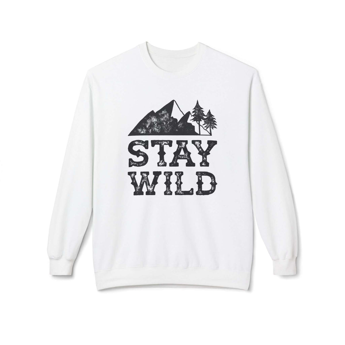 Stay Wild sweatshirt featuring a vintage mountain and trees graphic on a white crewneck.
