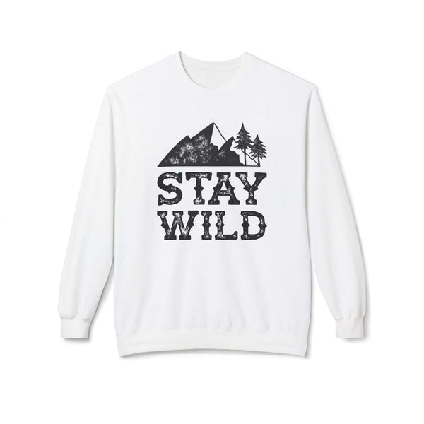 Stay Wild sweatshirt featuring a vintage mountain and trees graphic on a white crewneck.