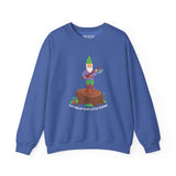 Blue sweatshirt featuring a gnome with an axe on a stump, captioned 'Say Hello to My Little Friend.' Fun and stylish.