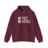 Maroon hoodie featuring a Moka pot illustration and the phrase 