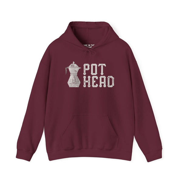 Maroon hoodie featuring a Moka pot illustration and the phrase "Pot Head" for coffee lovers and espresso enthusiasts.