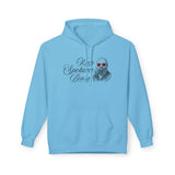 Keep Spokane Beard Hoodie featuring a vintage bearded man in heart-shaped shades on a blue sweatshirt.