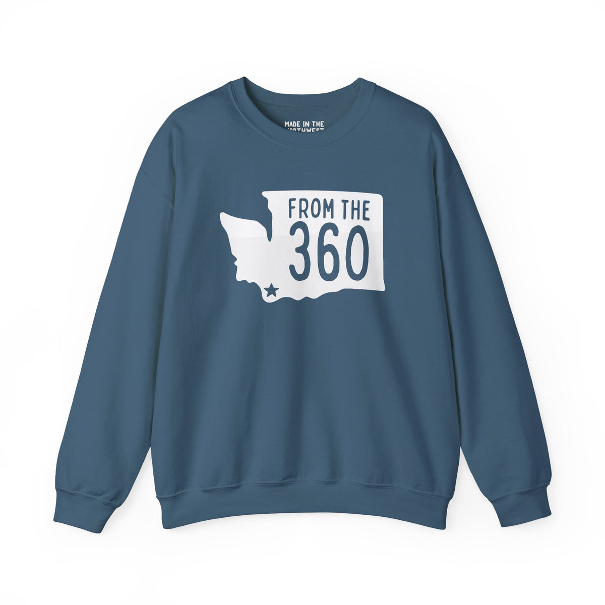 Cozy sweatshirt with Washington silhouette and 'From the 360' text, showcasing local pride for Vancouver.