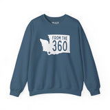 Cozy sweatshirt with Washington silhouette and 'From the 360' text, showcasing local pride for Vancouver.