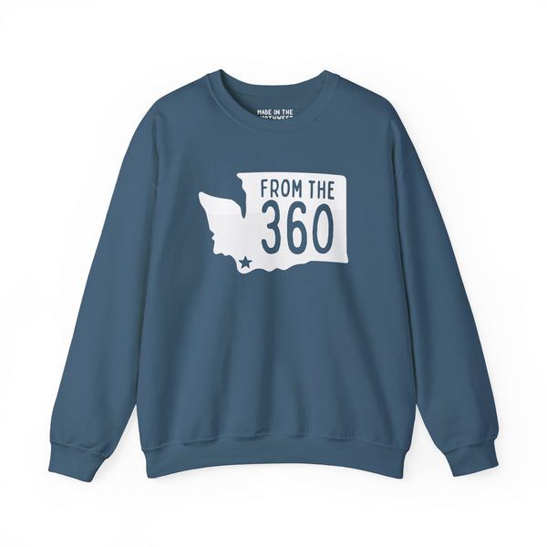 Cozy sweatshirt with Washington silhouette and 'From the 360' text, showcasing local pride for Vancouver.