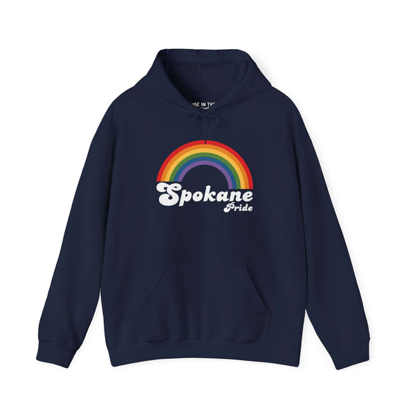 Spokane Pride hoodie featuring a colorful rainbow design, promoting LGBTQ+ inclusivity and community spirit.