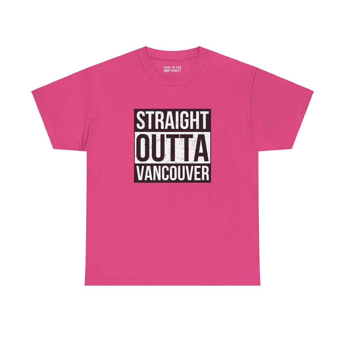 Straight Outta Vancouver pink athletic tee with bold black and white text design, showcasing local pride and streetwear style.