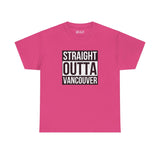 Straight Outta Vancouver pink athletic tee with bold black and white text design, showcasing local pride and streetwear style.