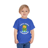 Puddle Jumper Extraordinaire Toddler Tee featuring a cheerful duck in a green raincoat, perfect for rainy days.