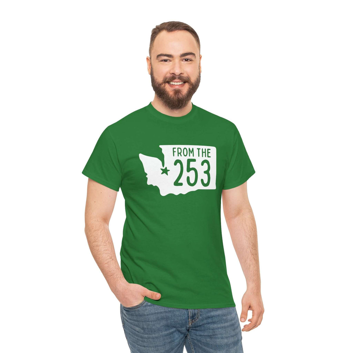 Man wearing green "From the 253" athletic tee with Washington state silhouette and Tacoma star.