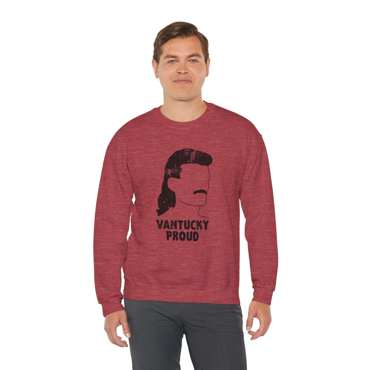 Man wearing red Vantucky Proud sweatshirt with Billy Ray design, showcasing a fun and lively attitude.