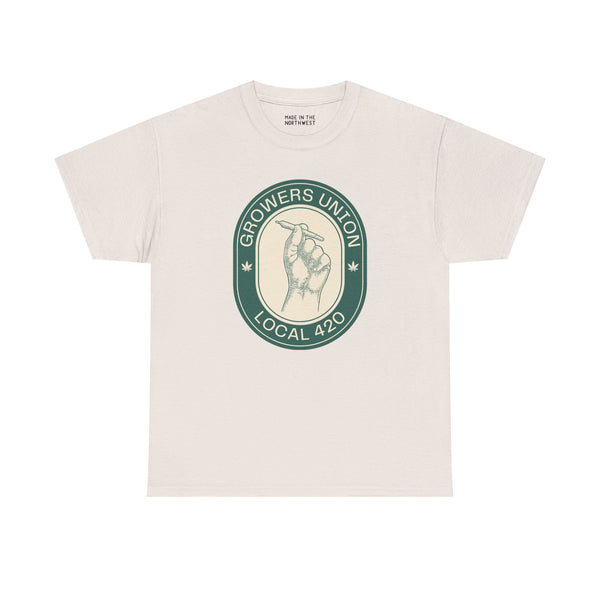 Grower's Union Local 420 athletic tee featuring hand illustration, perfect for cannabis culture enthusiasts.