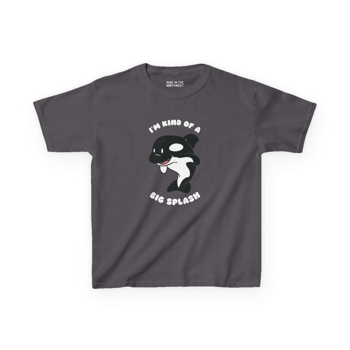 Kids' tee featuring playful orca graphic and 'I'm Kind of a Big Splash' text, perfect for ocean-loving little adventurers.