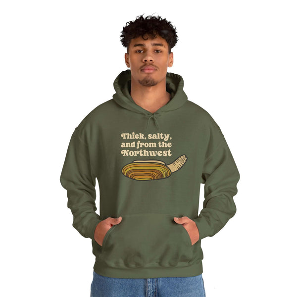 Thick & Salty Northwest Geoduck Clam Hoodie worn by a model, featuring a geoduck graphic design.