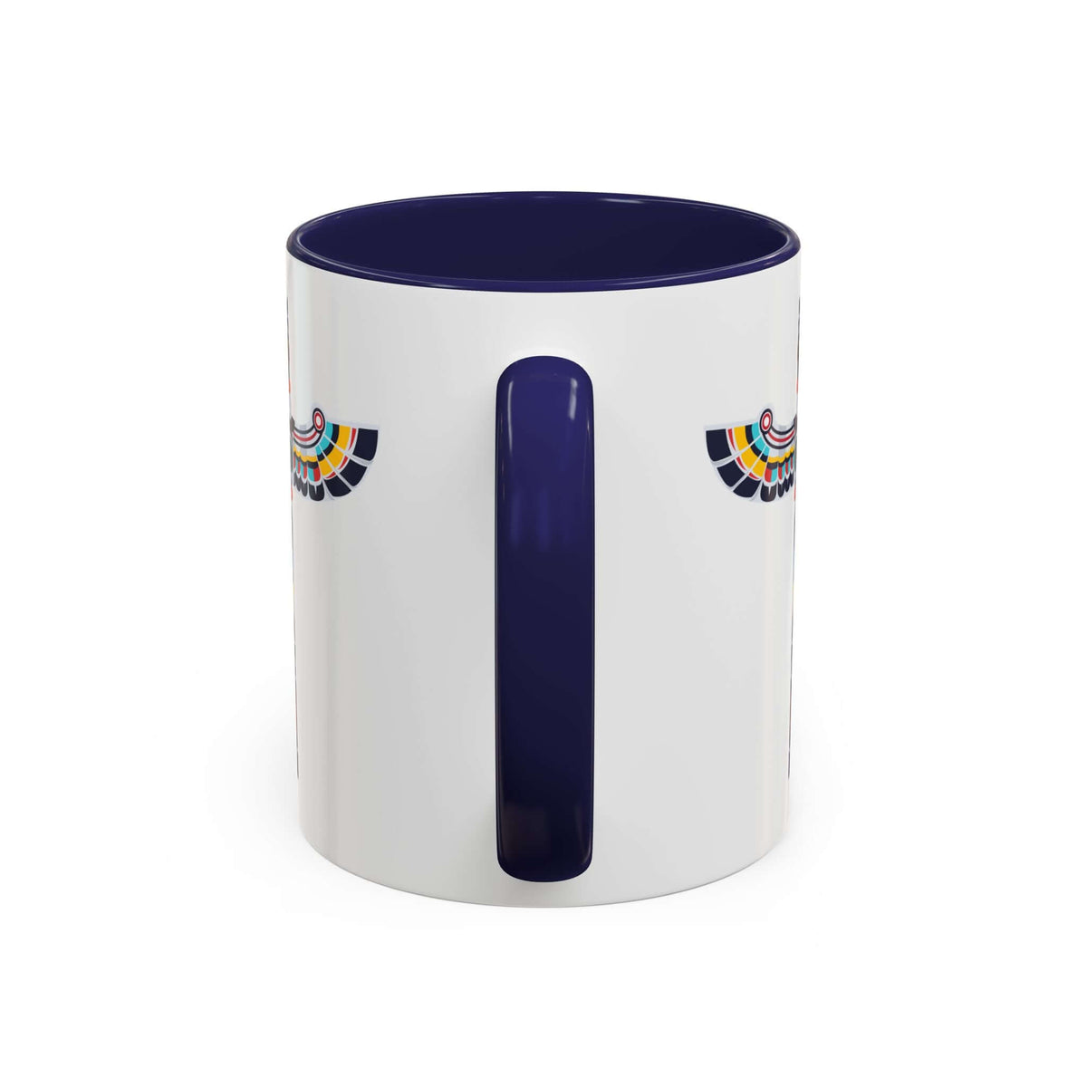 Totem Pole Mug featuring colorful totem design and contrasting navy inner handle.