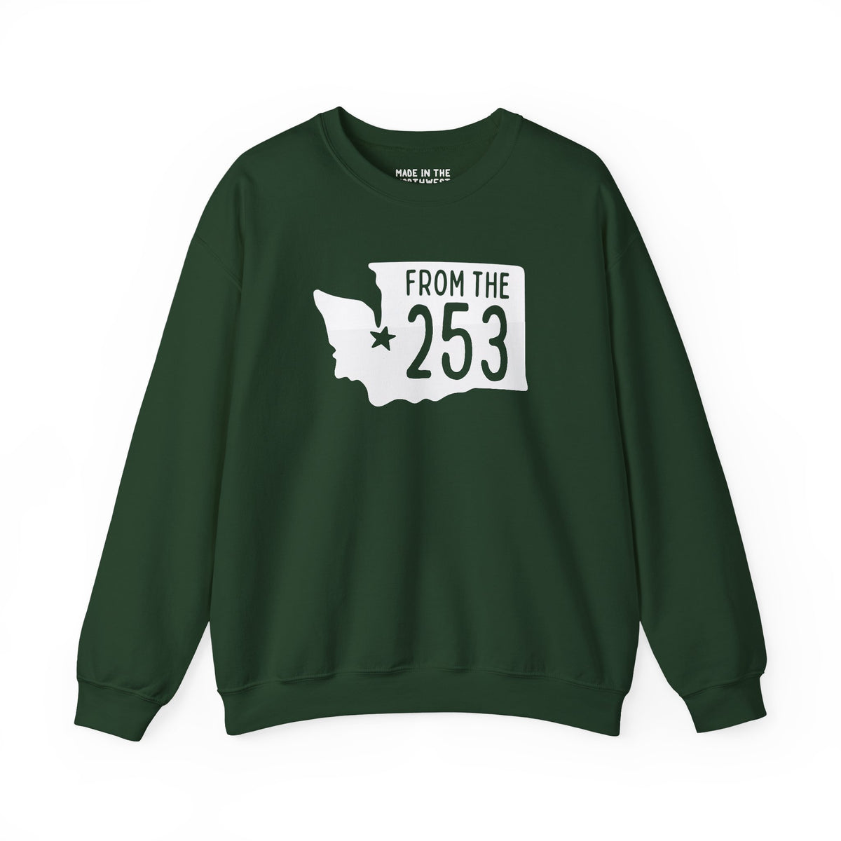 Green sweatshirt featuring Washington state silhouette and 'From the 253' text, celebrating Tacoma pride.