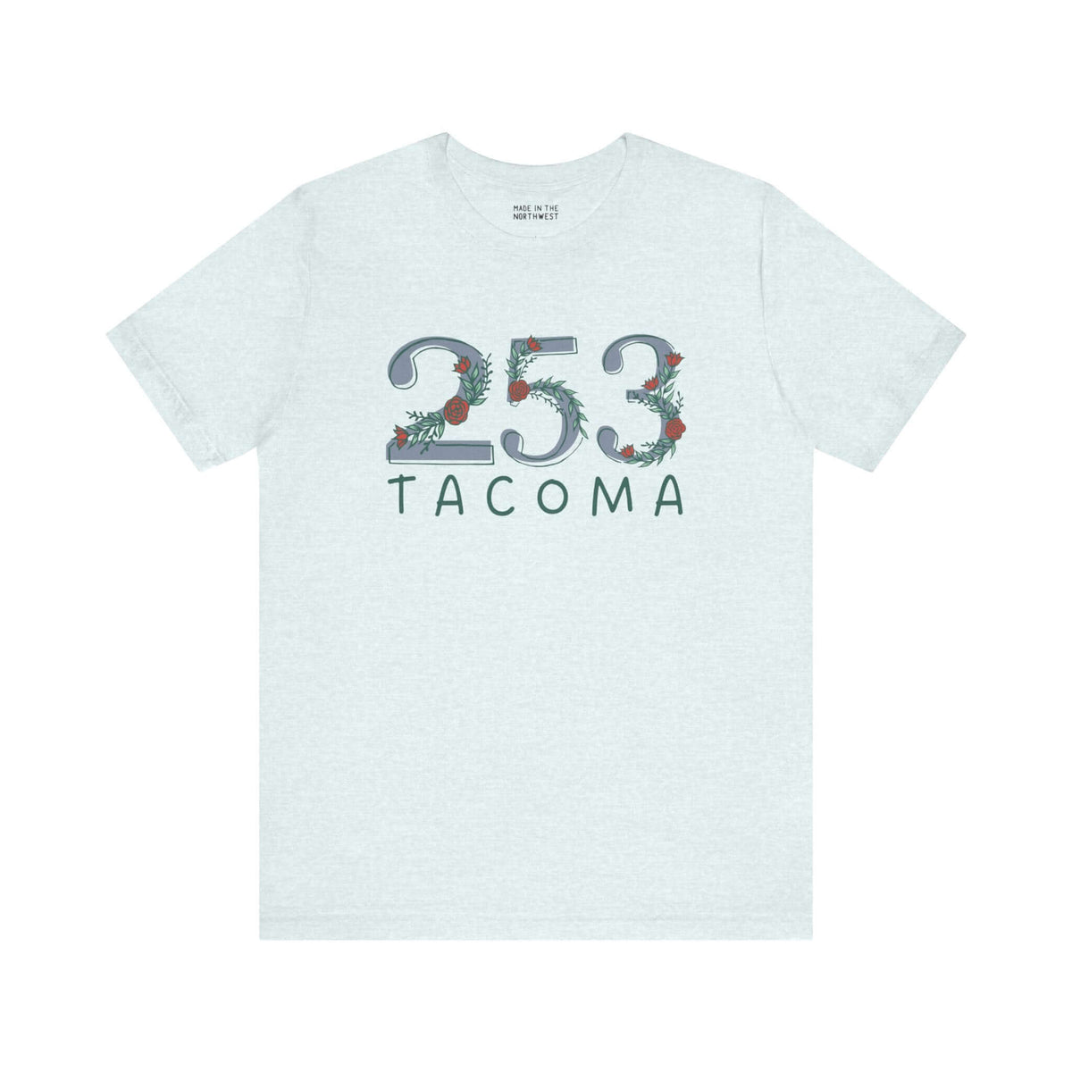 Light green 253 floral area code soft tee featuring Tacoma text, perfect for showing Pacific Northwest pride in style and comfort.