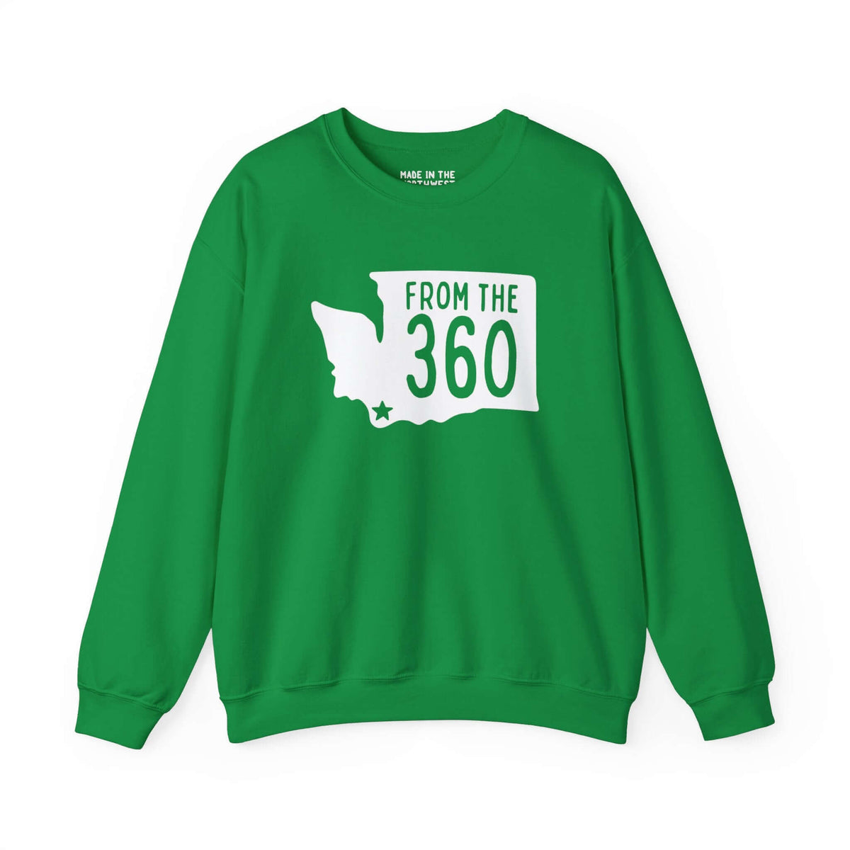 Green sweatshirt featuring "From the 360" with Washington state silhouette and Vancouver star. Perfect for showcasing local pride.