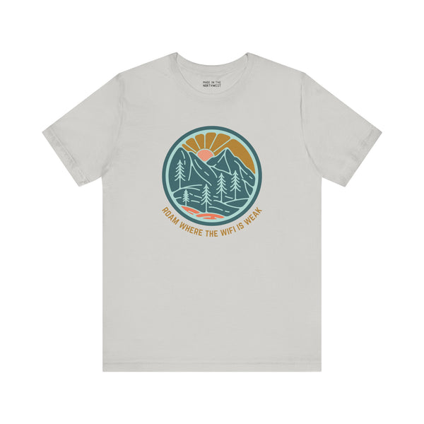 Roam Where the WiFi is Weak premium tee with colorful forest and mountain graphic design.