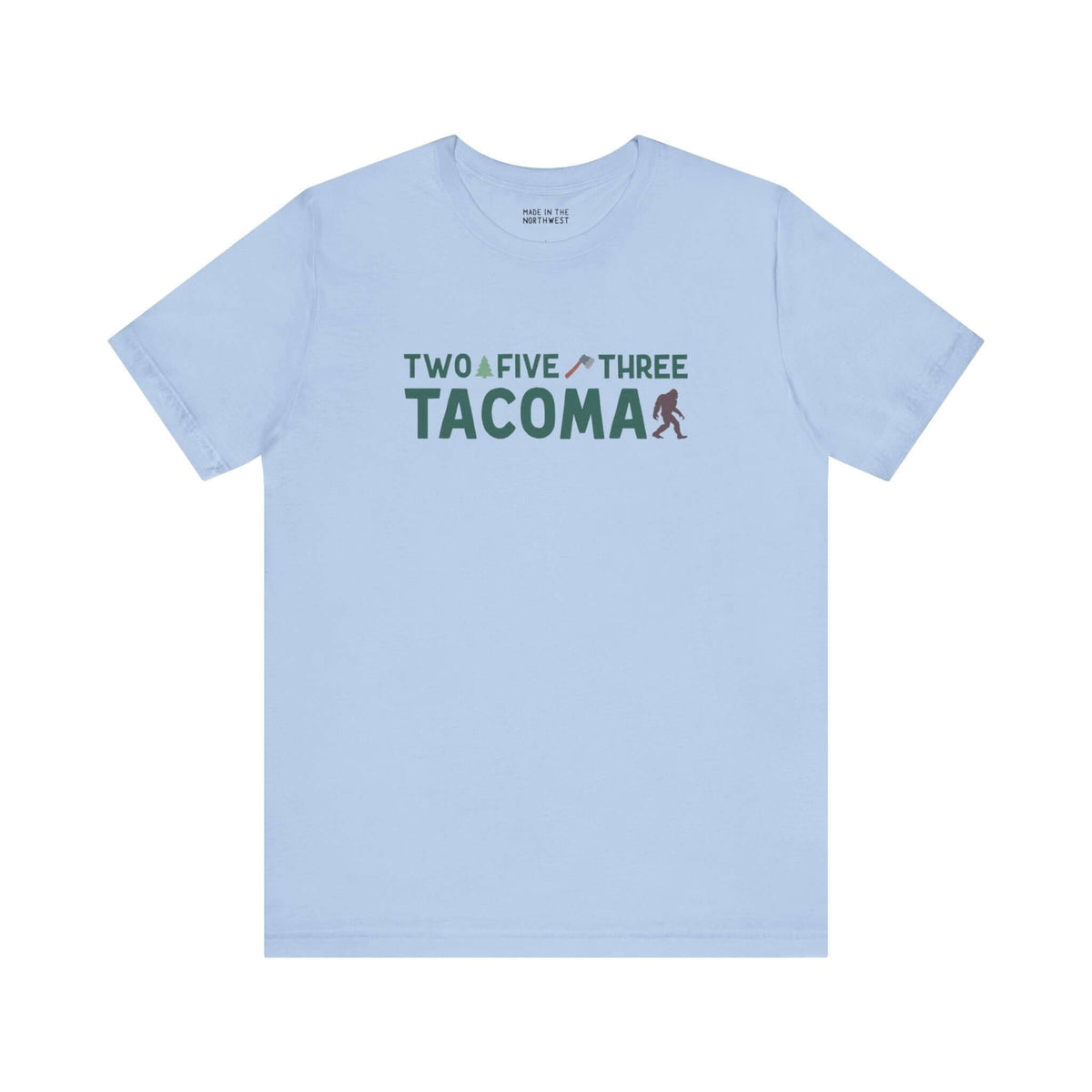 Light blue Tacoma tee with "Two Five Three" text, axe, and tree design celebrating Tacoma pride and style.