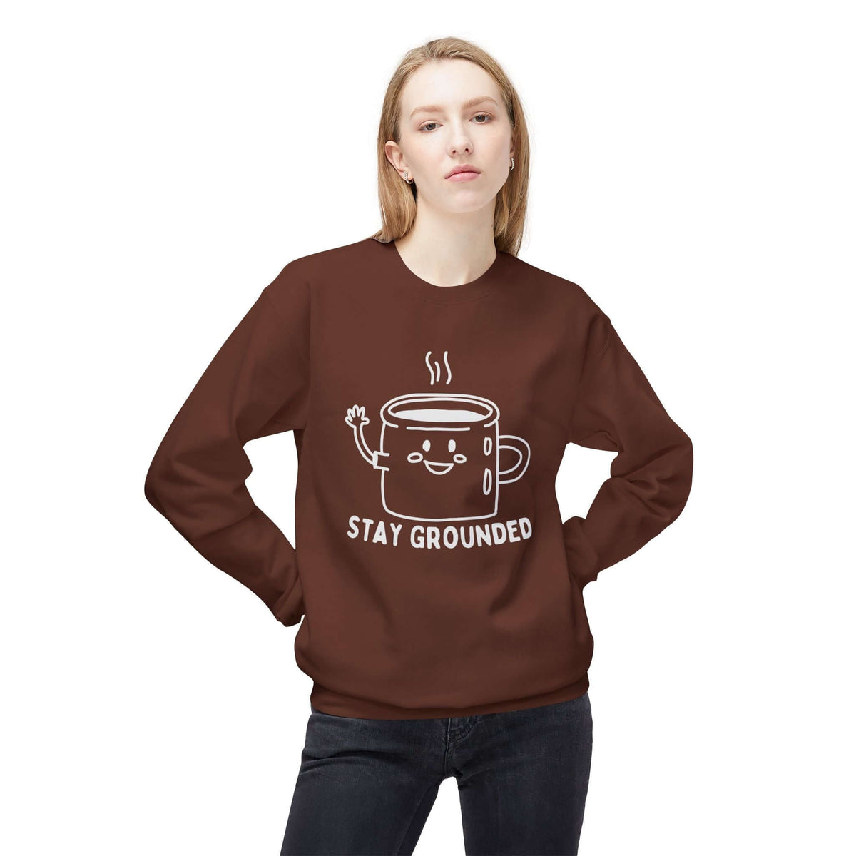 Stay Grounded Sweatshirt – Cozy Minimalist Coffee Crewneck with playful mug design and warm smile.