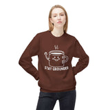 Stay Grounded Sweatshirt – Cozy Minimalist Coffee Crewneck with playful mug design and warm smile.