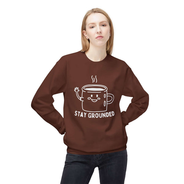 Stay Grounded Sweatshirt – Cozy Minimalist Coffee Crewneck with playful mug design and warm smile.
