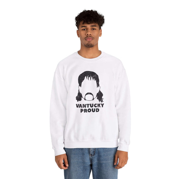 Vantucky Proud Rusty McCoy sweatshirt worn by a model, showcasing a bold graphic design and classic style.