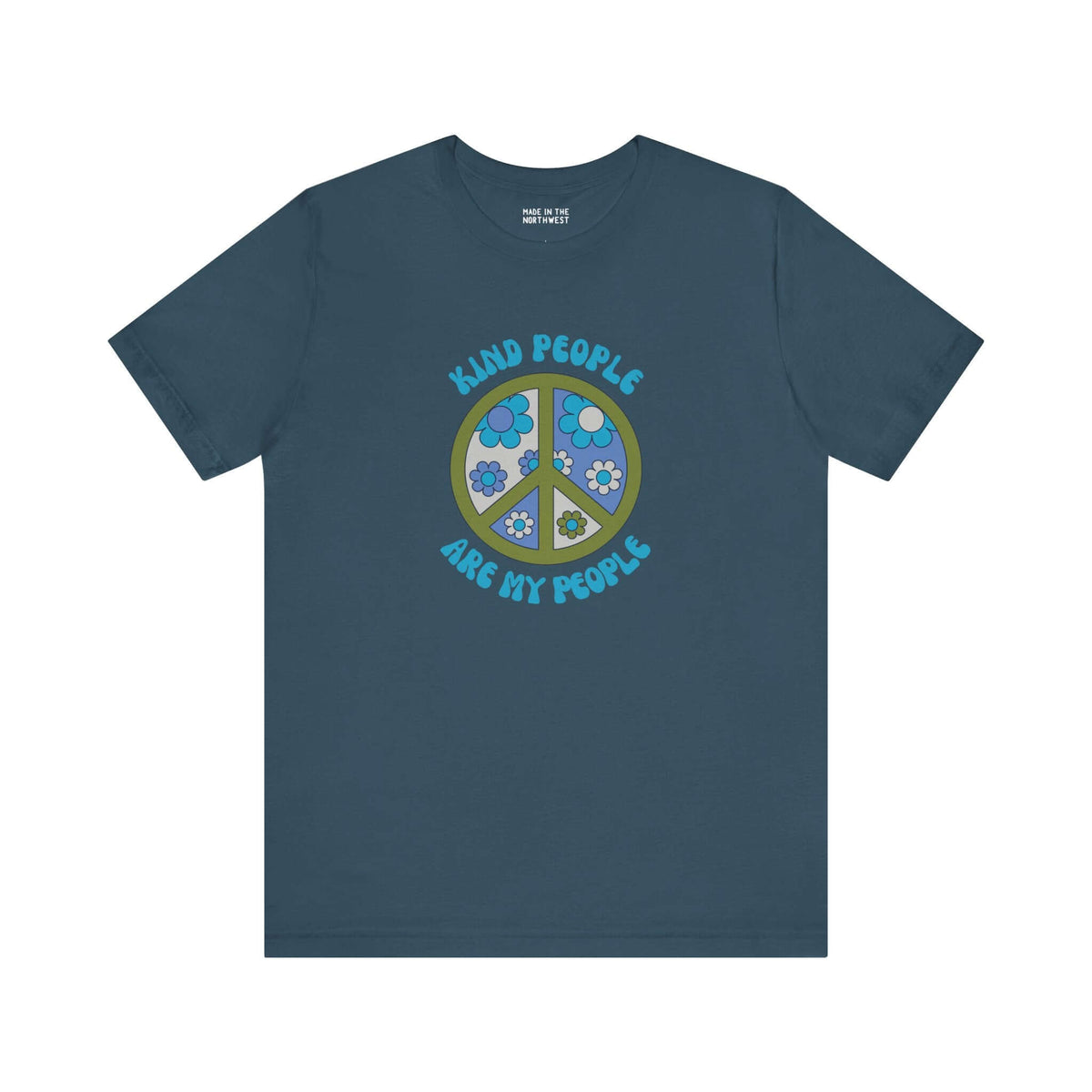 Kind People Are My People unisex premium soft tee with floral peace sign design, perfect for spreading positivity.