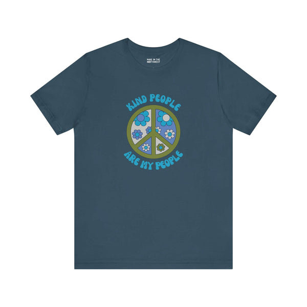 Kind People Are My People unisex premium soft tee with floral peace sign design, perfect for spreading positivity.