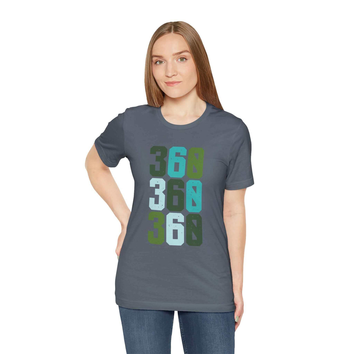 Woman wearing a Three-Six-Oh Pop Soft Tee with bold 360 area code design in vibrant colors, celebrating Pacific Northwest pride.