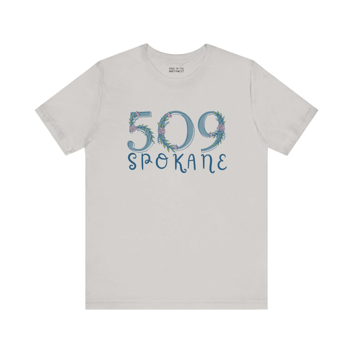 Women's 509 floral area code tee in soft fabric showcasing Pacific Northwest style and Spokane pride.