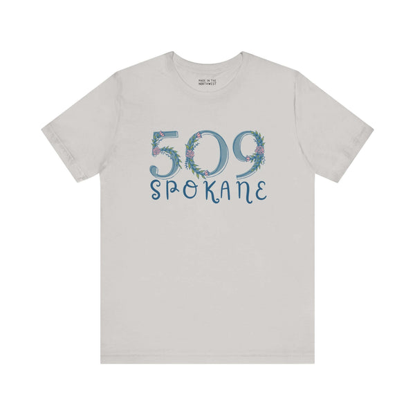 Women's 509 floral area code tee in soft fabric showcasing Pacific Northwest style and Spokane pride.