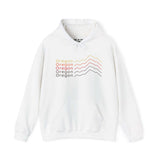 White Oregon Minimalist Mountain Hoodie with colorful stacked mountain graphics inspired by Oregon's landscapes.