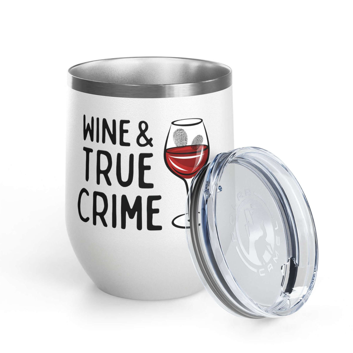 Wine and True Crime Couch Detective Wine Tumbler 12 oz with a glass graphic and clear lid.