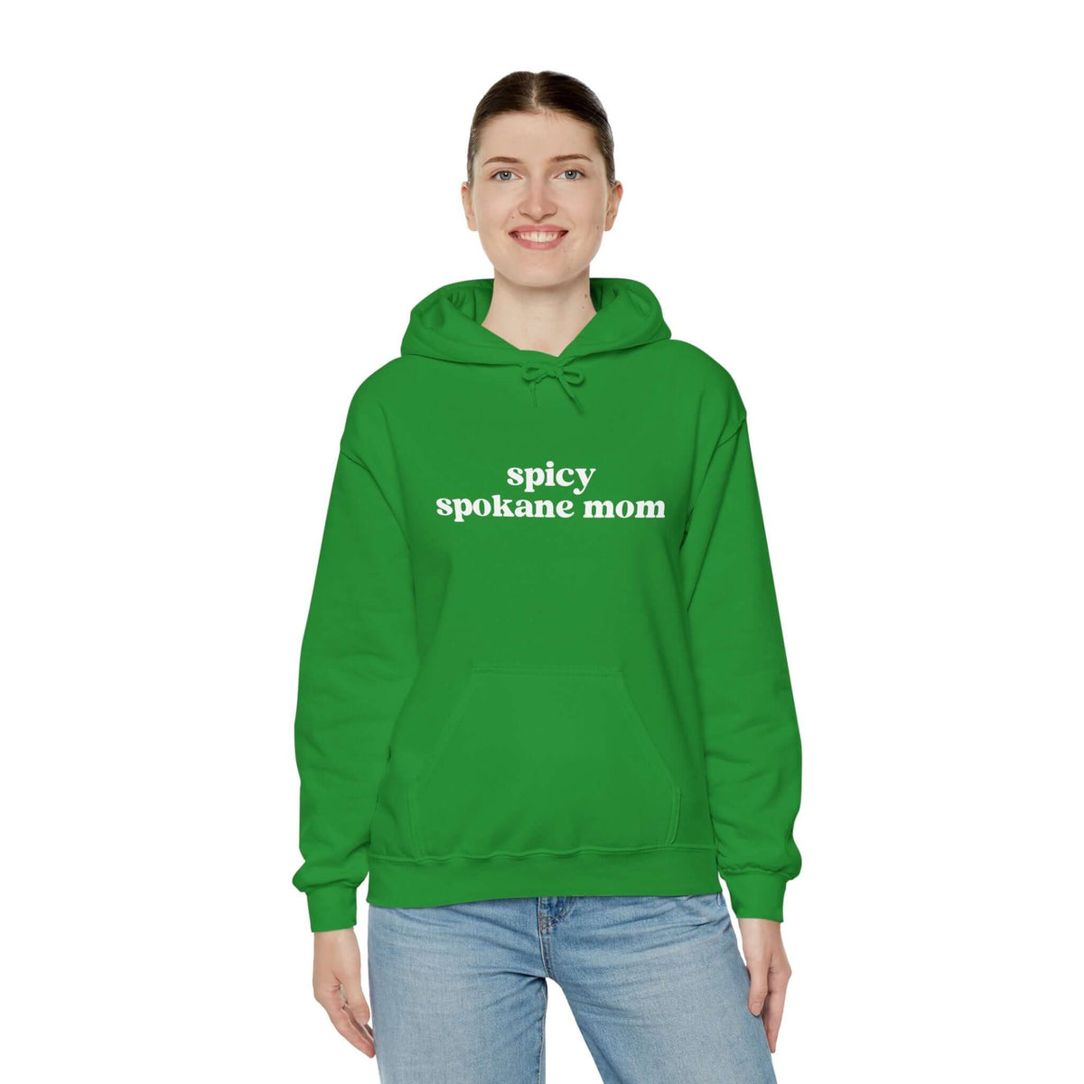 Green hoodie with text 'spicy spokane mom', perfect for adventurous Spokane moms.