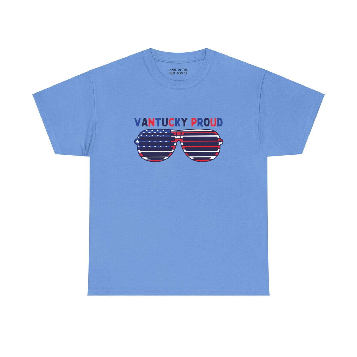 Blue "Vantucky Proud" tee with American flag sunglasses, symbolizing local pride and Fourth of July flair.