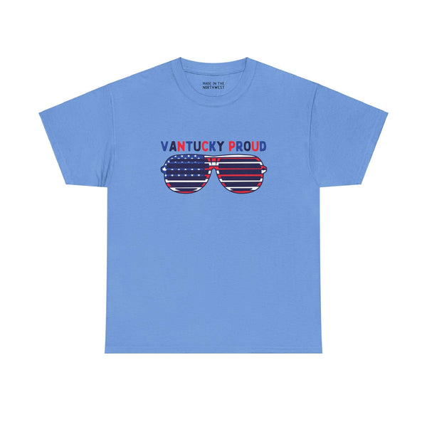 Blue "Vantucky Proud" tee with American flag sunglasses, symbolizing local pride and Fourth of July flair.